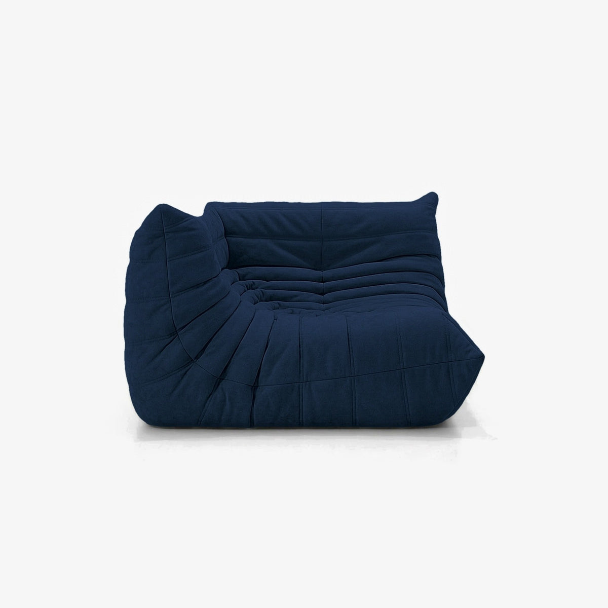 Module d'angle ANGELO effet daim Bleu nuit, vue de trois-quarts côté assise