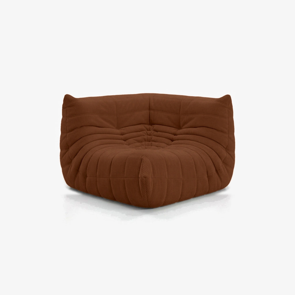 Module d'angle ANGELO velours côtelé Caramel, vue de biais, angle de l'assise de face