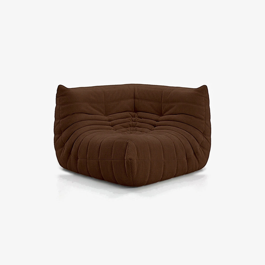 Module d'angle ANGELO velours côtelé Chocolat, vue de biais, angle de l'assise de face