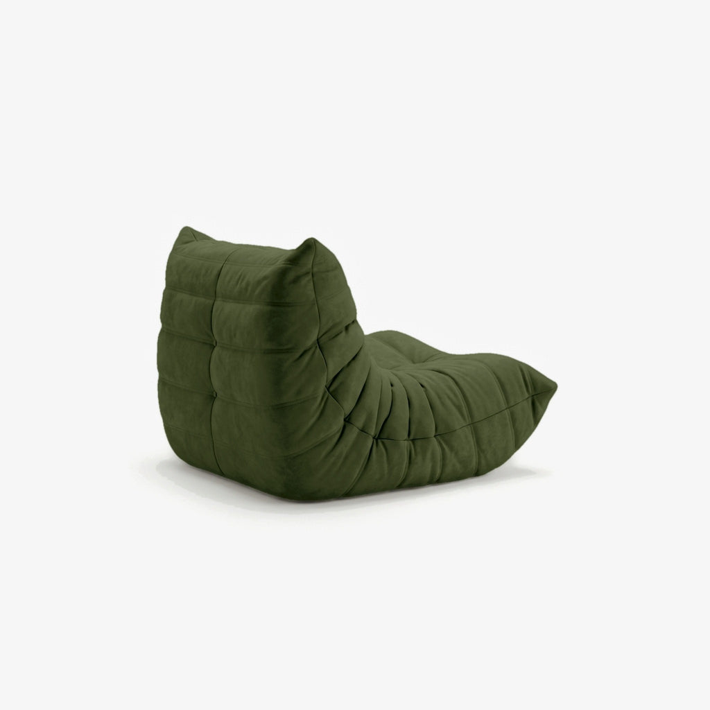 Fauteuil BALTAZAR effet daim Olive, vue de trois-quarts arrière